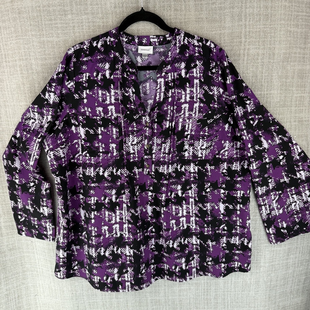 Avenue Blouse Womens 2X Purple Tunic V-Neck Long Sleeve Plaid Stretch